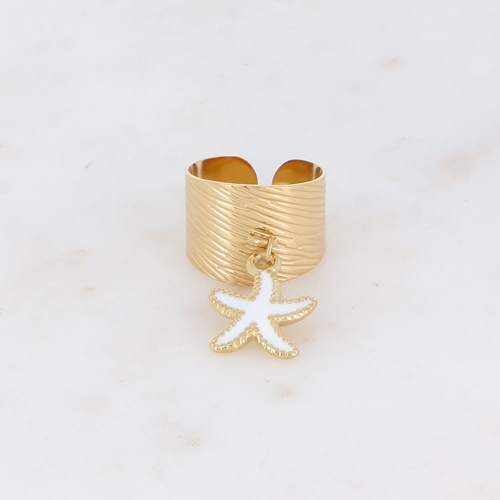 Bague martelée avec pampille étoile de mer émaillée - Blanc
