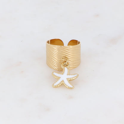 Bague martelée avec pampille étoile de mer émaillée - Blanc