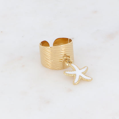 Bague martelée avec pampille étoile de mer émaillée - Blanc