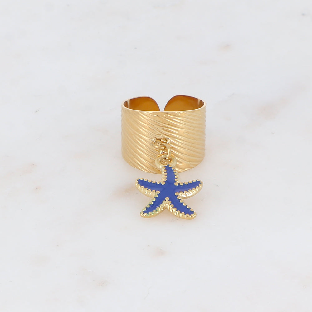 Bague martelée avec pampille étoile de mer émaillée - Bleu