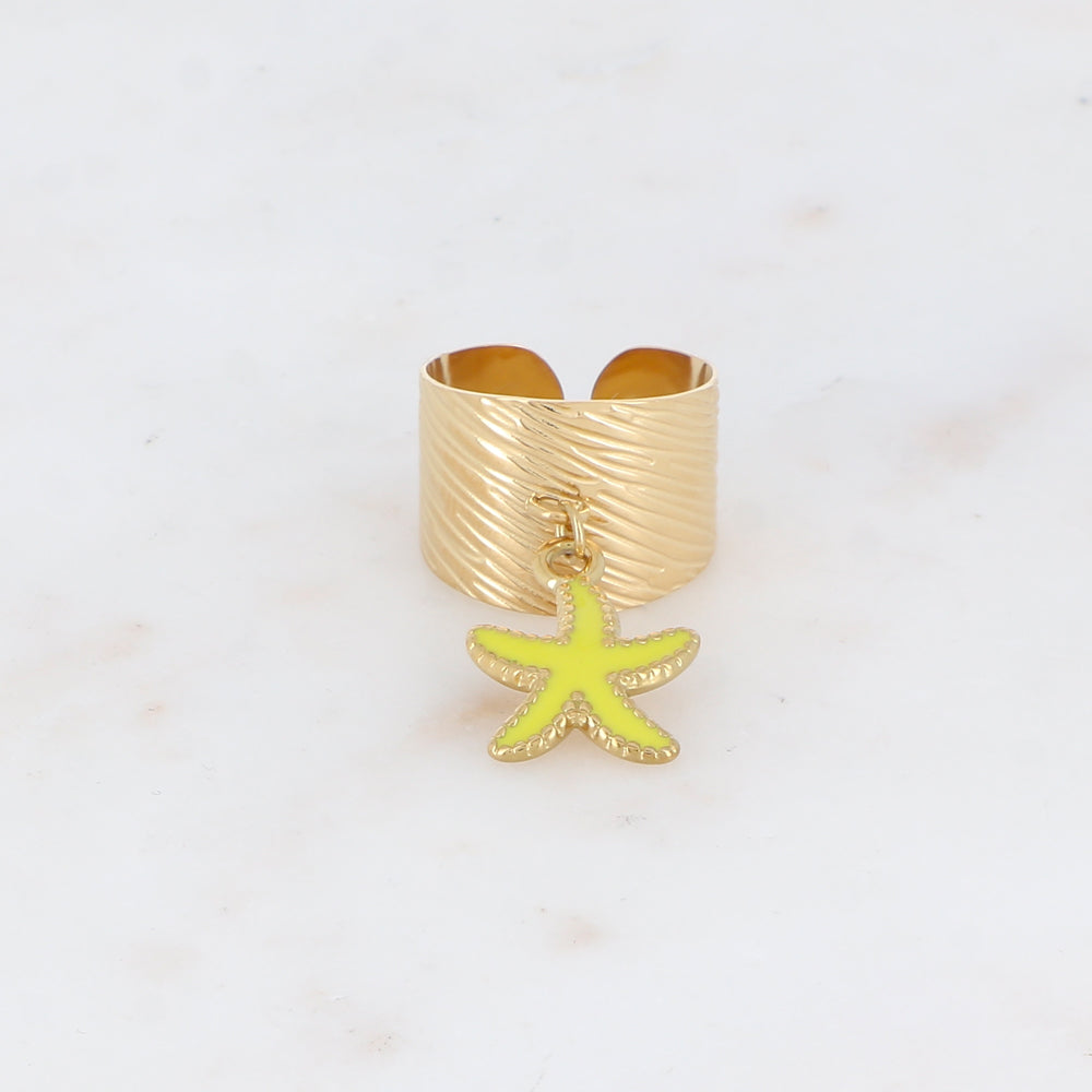 Bague martelée avec pampille étoile de mer émaillée - Jaune