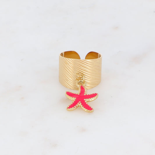 Bague martelée avec pampille étoile de mer émaillée - Rouge