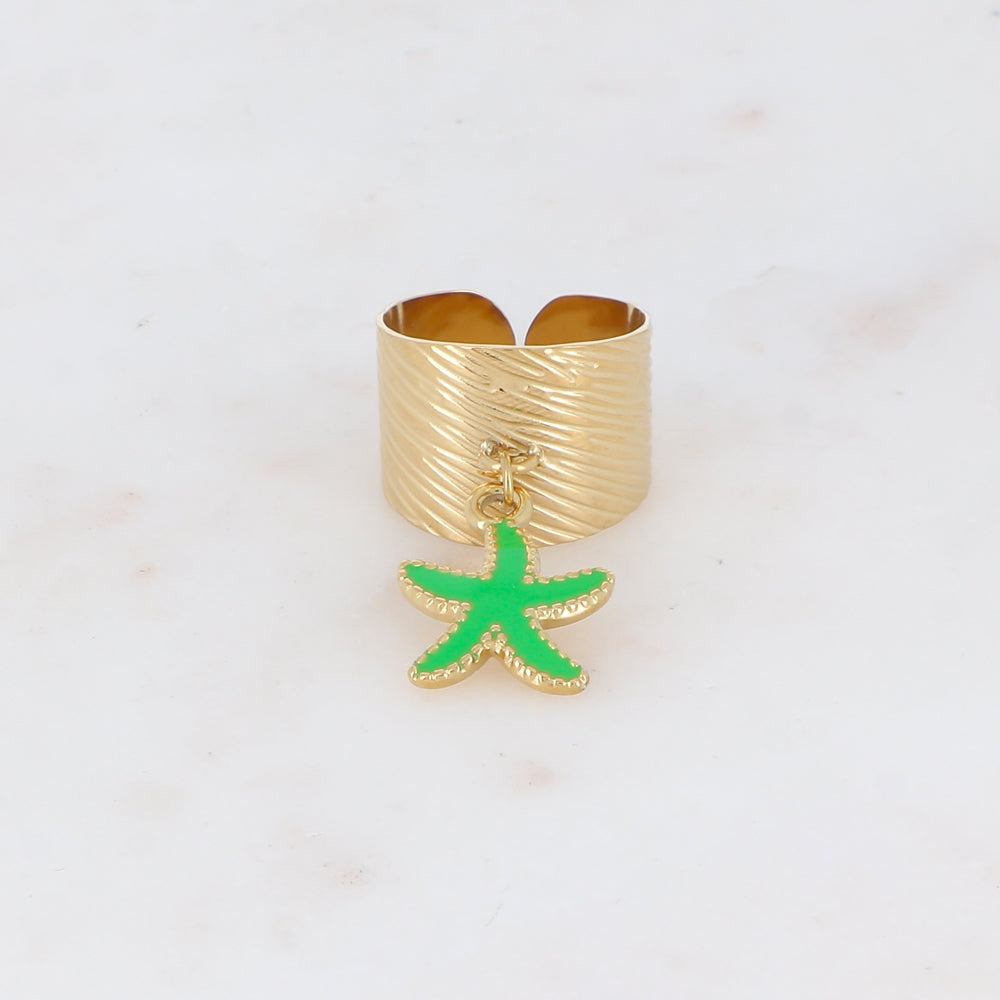 Bague martelée avec pampille étoile de mer émaillée - Vert