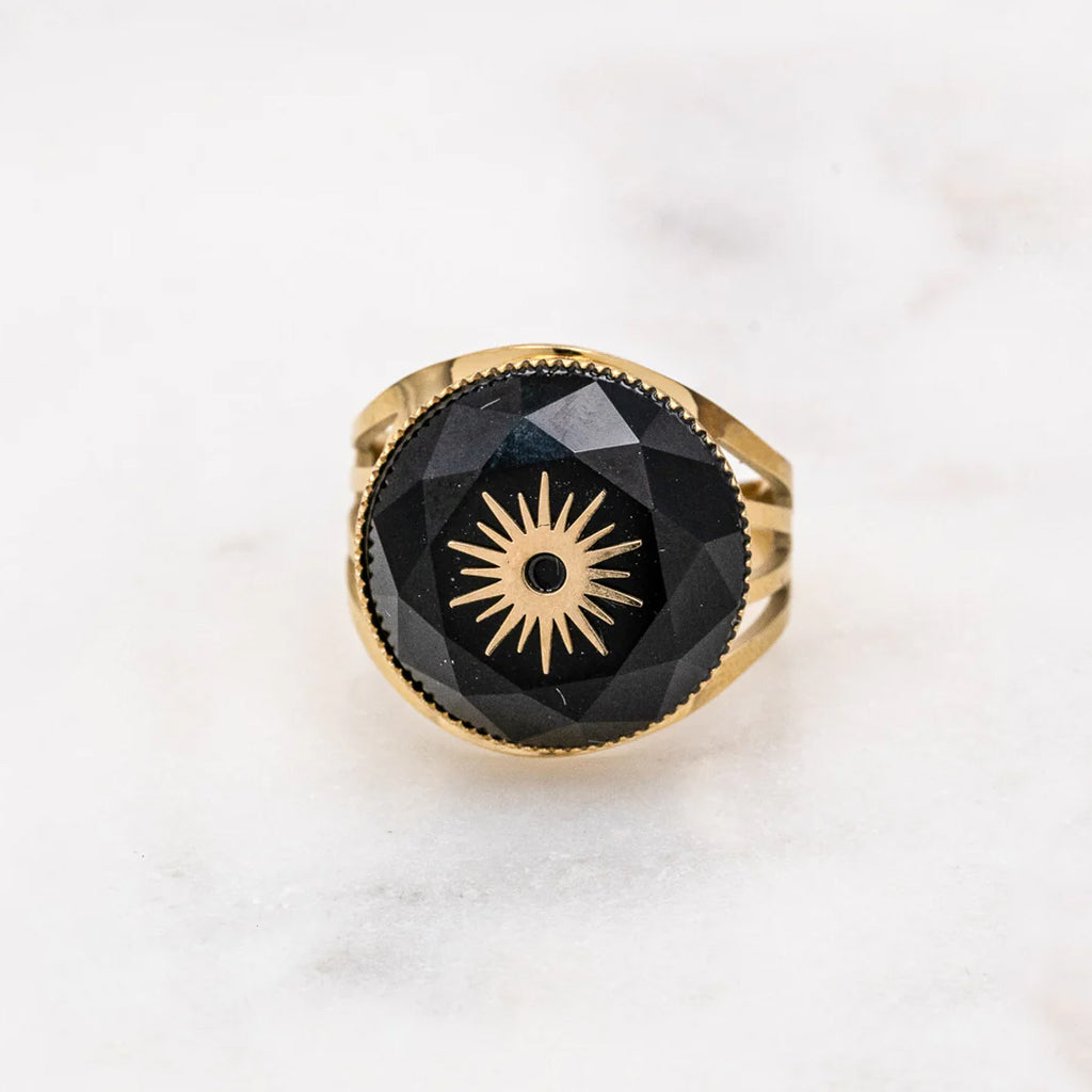 Bague cabochon rond, soleil et pierre naturelle - Onyx