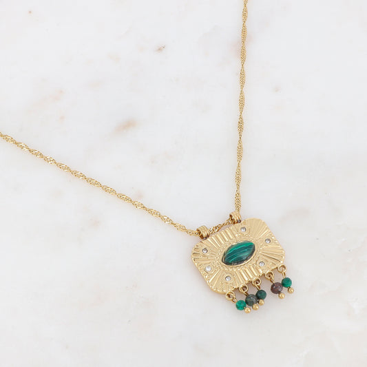 Collier sur chaîne doré composé d'une pièce rectangulaire motif serpent ornée de strass blancs, et pierres naturelles Oeil de taureau et malachite 40+5 cm