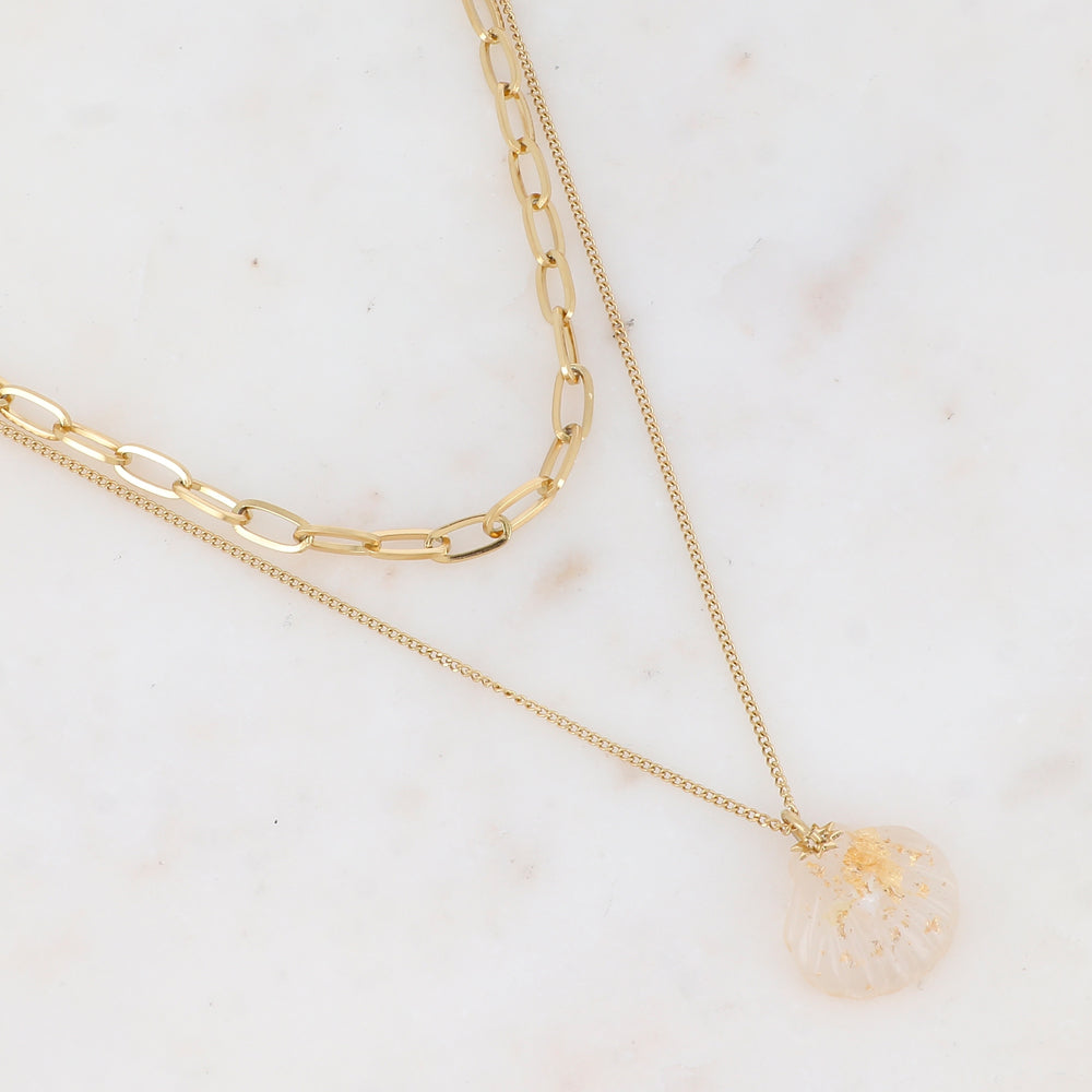 Collier double rangs en maille avec soleil et pendant coquillage en acétate (38/45+7CM)
