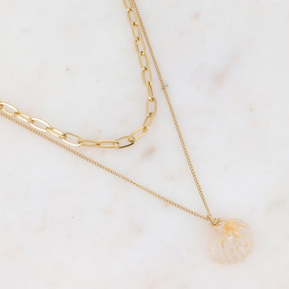 Collier double rangs en maille avec soleil et pendant coquillage en acétate (38/45+7CM)