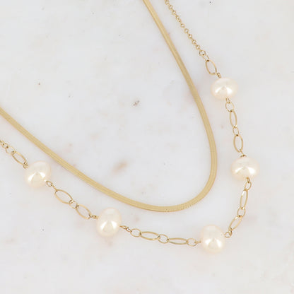 Collier 2 rangs en maille avec perles en résine (41/43.5+5CM)