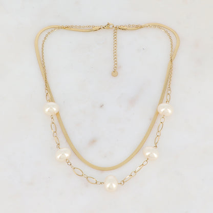 Collier 2 rangs en maille avec perles en résine (41/43.5+5CM)