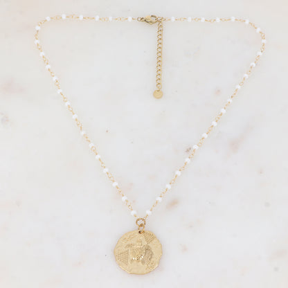 Collier avec perle en pâte de verre et pampille ronde motif tortue (40+5CM)