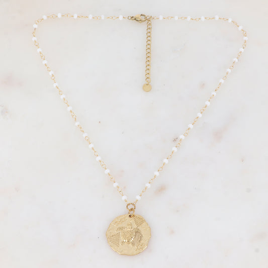 Collier avec perle en pâte de verre et pampille ronde motif tortue (40+5CM)