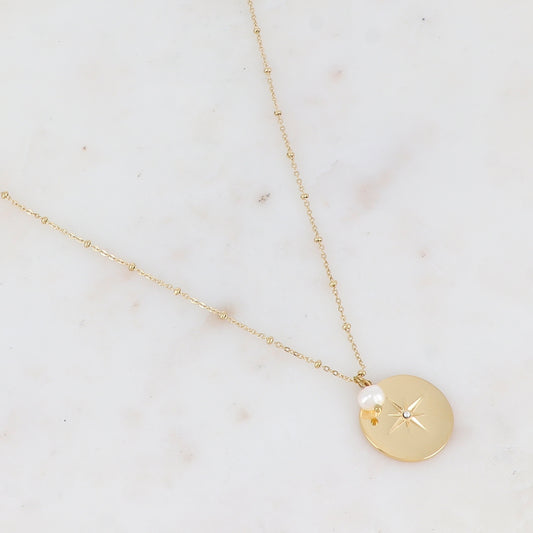 Collier avec pendentif rond lisse avec motif étoile, strass, perle d'eau douce (45+5CM)