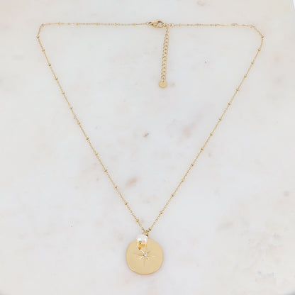 Collier avec pendentif rond lisse avec motif étoile, strass, perle d'eau douce (45+5CM)