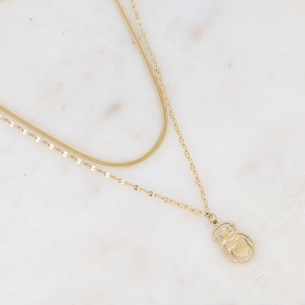 Collier double rangs en maille avec pampille scarabée (38/41+7CM)