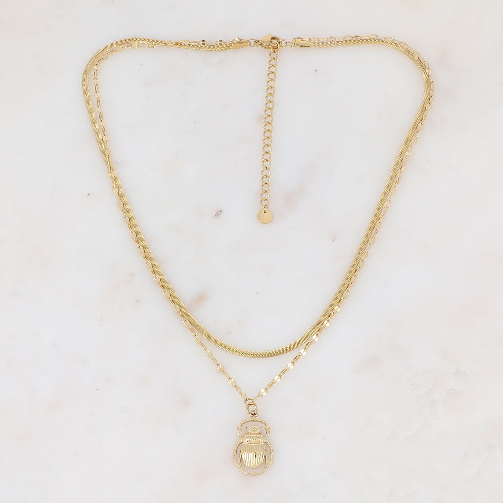 Collier double rangs en maille avec pampille scarabée (38/41+7CM)
