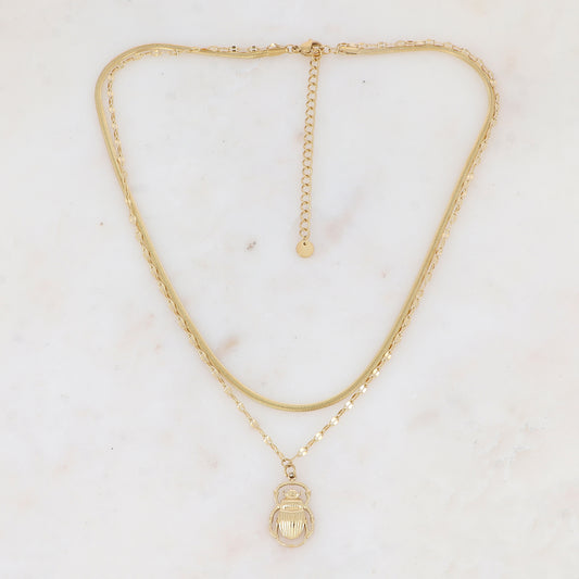Collier double rangs en maille avec pampille scarabée (38/41+7CM)