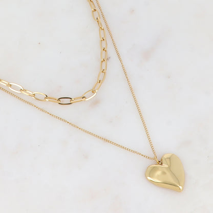 Collier 2 rangs en maille avec cœur effet miroir (38/45+7CM)