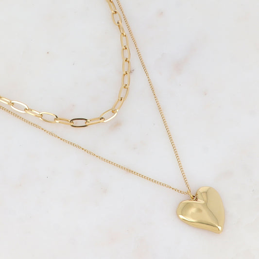 Collier 2 rangs en maille avec cœur effet miroir (38/45+7CM)