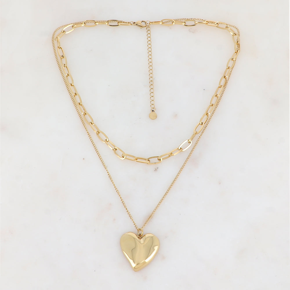 Collier 2 rangs en maille avec cœur effet miroir (38/45+7CM)