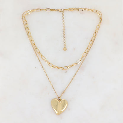 Collier 2 rangs en maille avec cœur effet miroir (38/45+7CM)