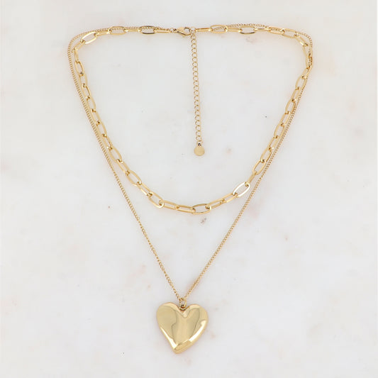 Collier 2 rangs en maille avec cœur effet miroir (38/45+7CM)
