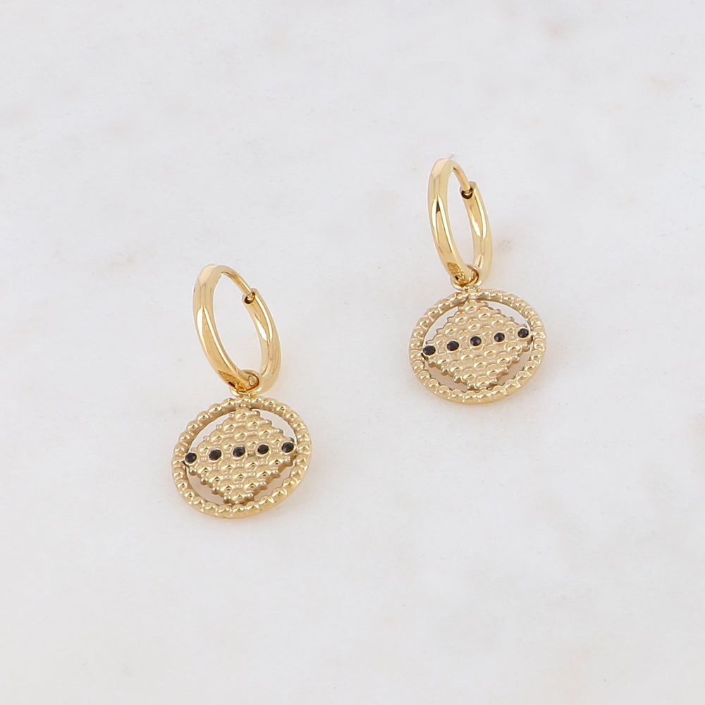 Créoles pendantes rondes ajourées et strass 2,4 cm.