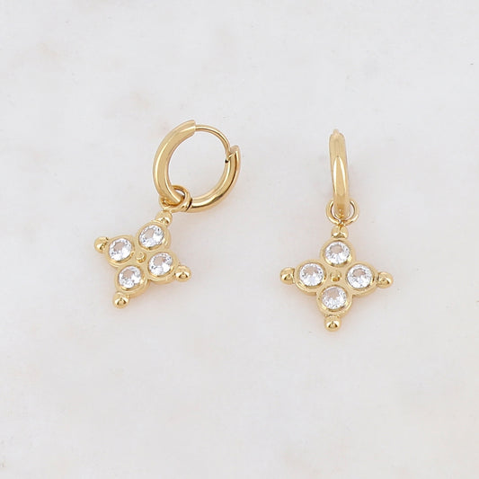 Créoles pendantes avec 4 strass 1,35 x 2,1 cm.