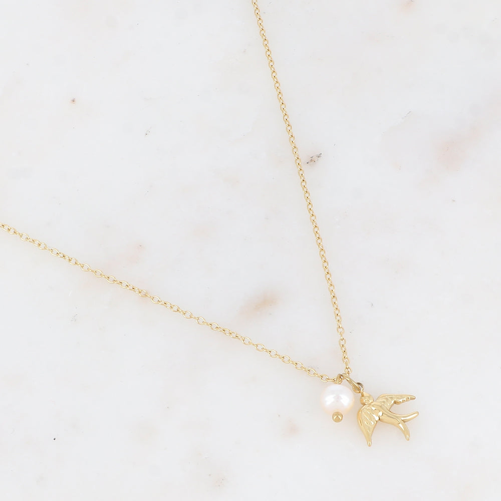 Collier avec pendentif oiseau et perle d'eau douce (40+5CM)