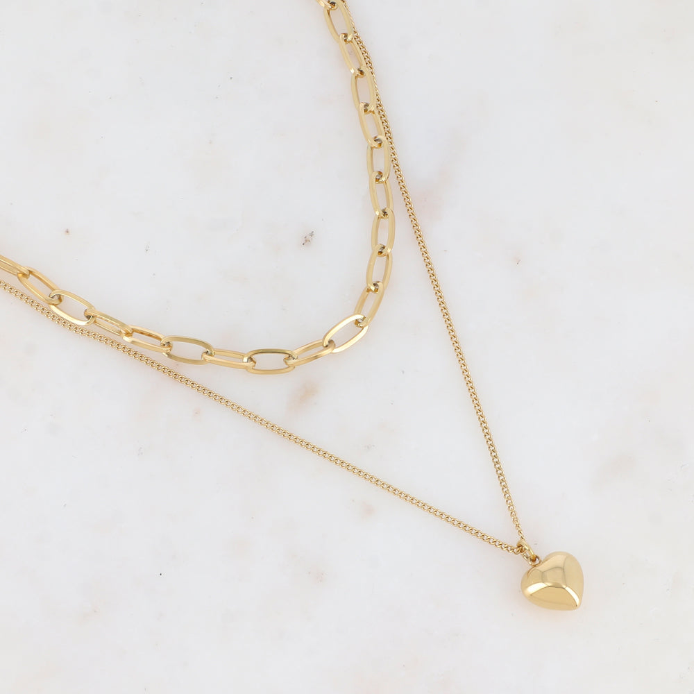 Collier 2 rangs en maille avec pendentif forme cœur bombé effet miroir (38/45+7CM)