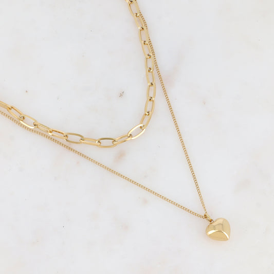 Collier 2 rangs en maille avec pendentif forme cœur bombé effet miroir (38/45+7CM)