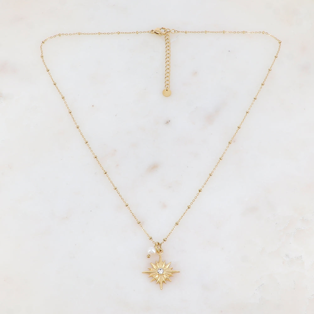 Collier avec pendentif étoile strassé et perle d'eau douce (45+5CM)