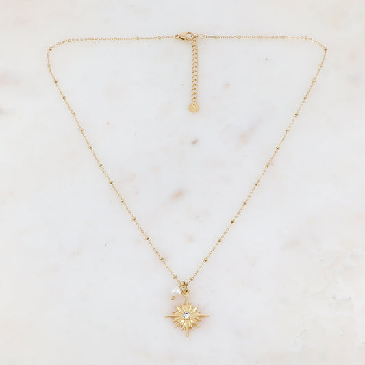 Collier avec pendentif étoile strassé et perle d'eau douce (45+5CM)