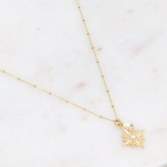 Collier avec pendentif étoile strassé et perle d'eau douce (45+5CM)