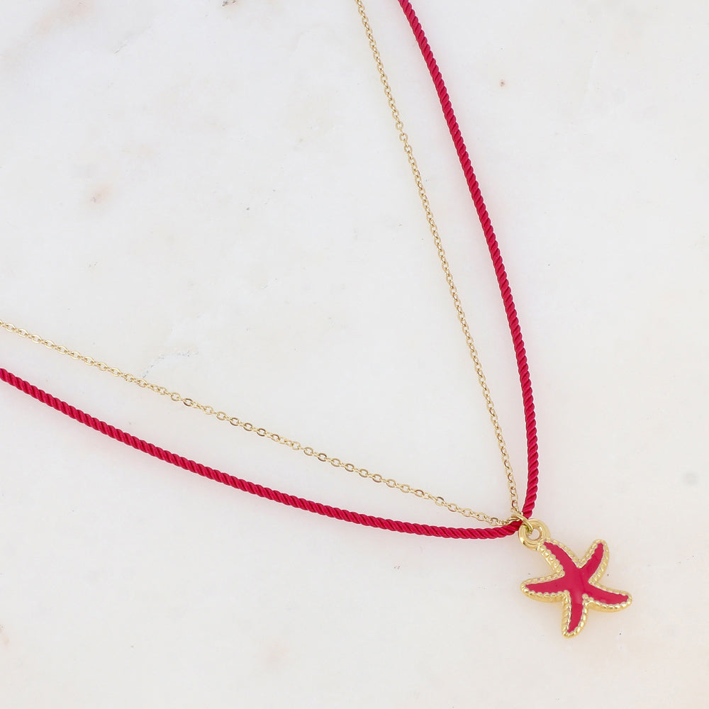 Collier deux rangs chaine et cordon coloré avec étoile de mer émaillée