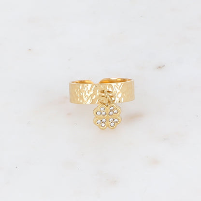 Bague martelée avec pampille trèfle strassée