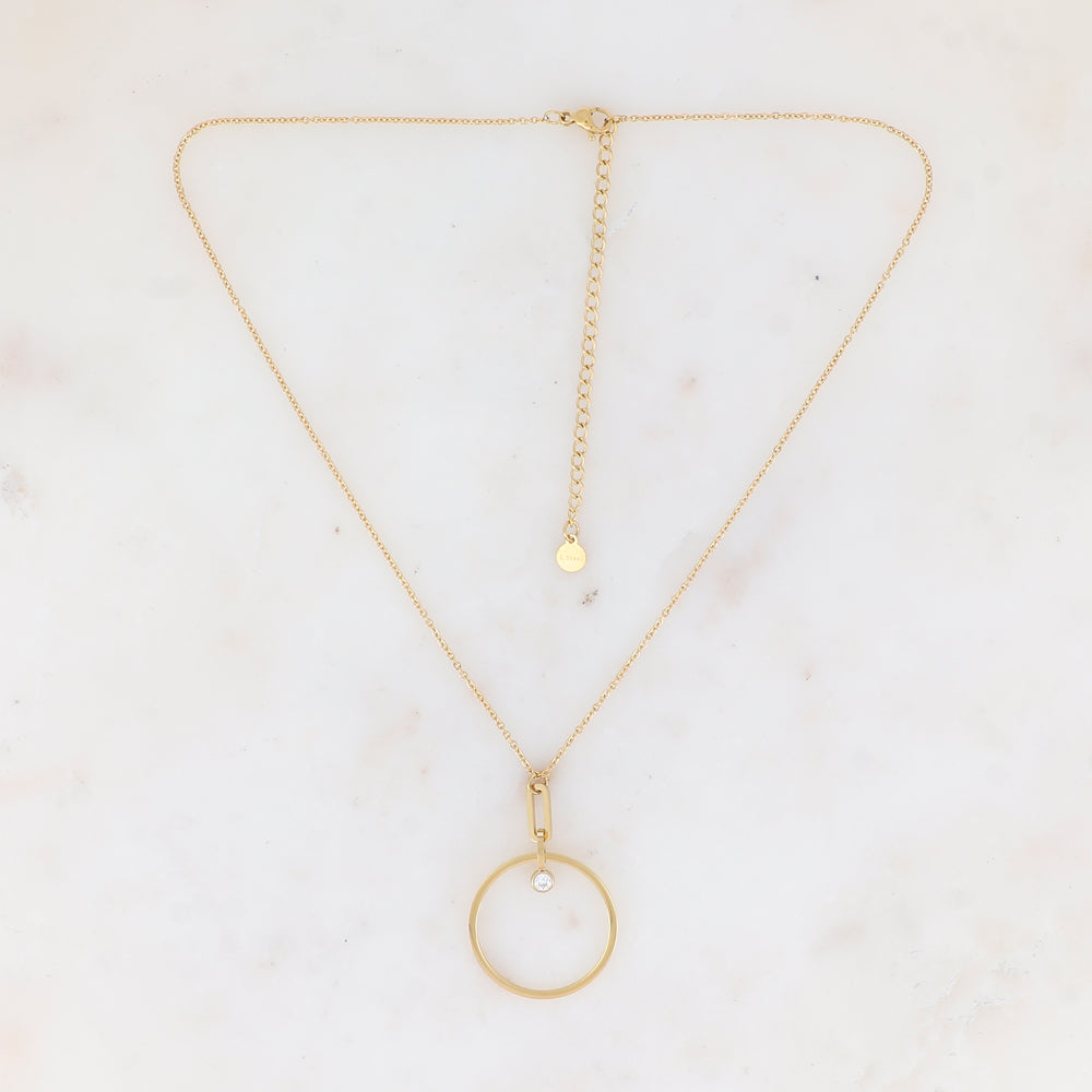 Collier avec pendantes en maille, anneau et strass (38+7CM)