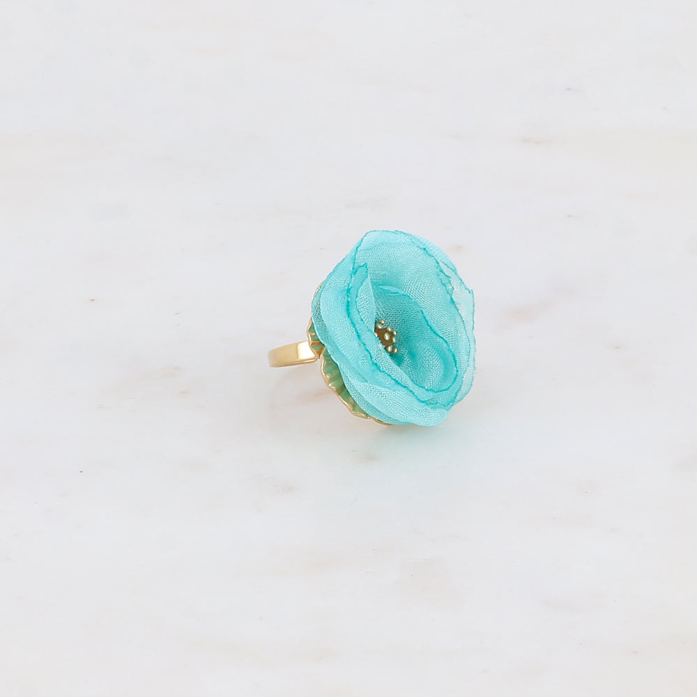 Bague avec fleur et tissu - Turquoise