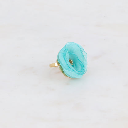 Bague avec fleur et tissu - Turquoise