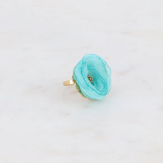 Bague avec fleur et tissu - Turquoise