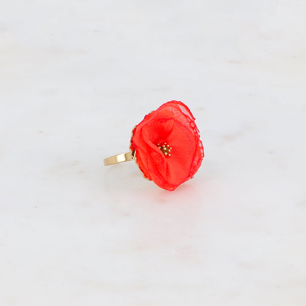 Bague avec fleur et tissu - Rouge