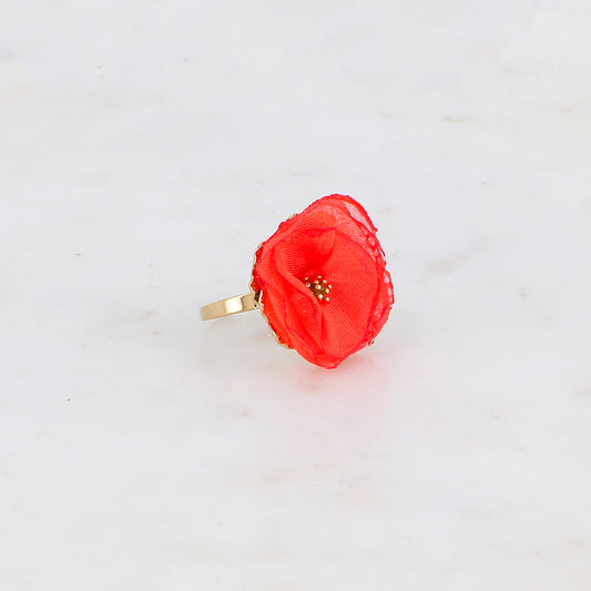 Bague avec fleur et tissu - Rouge