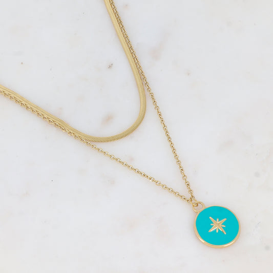Collier 2 rangs avec maille miroir et pendentif rond émaillé et étoilé (40/55+5CM)