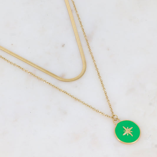 Collier 2 rangs avec maille miroir et pendentif rond émaillé et étoilé (40/55+5CM)