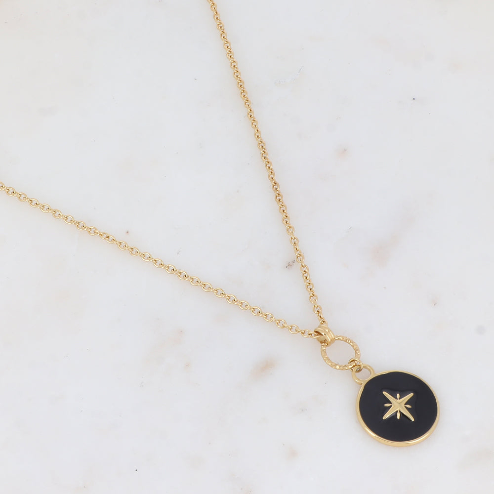 Sautoir avec pendentif rond émaillé et étoilé (60+5CM)
