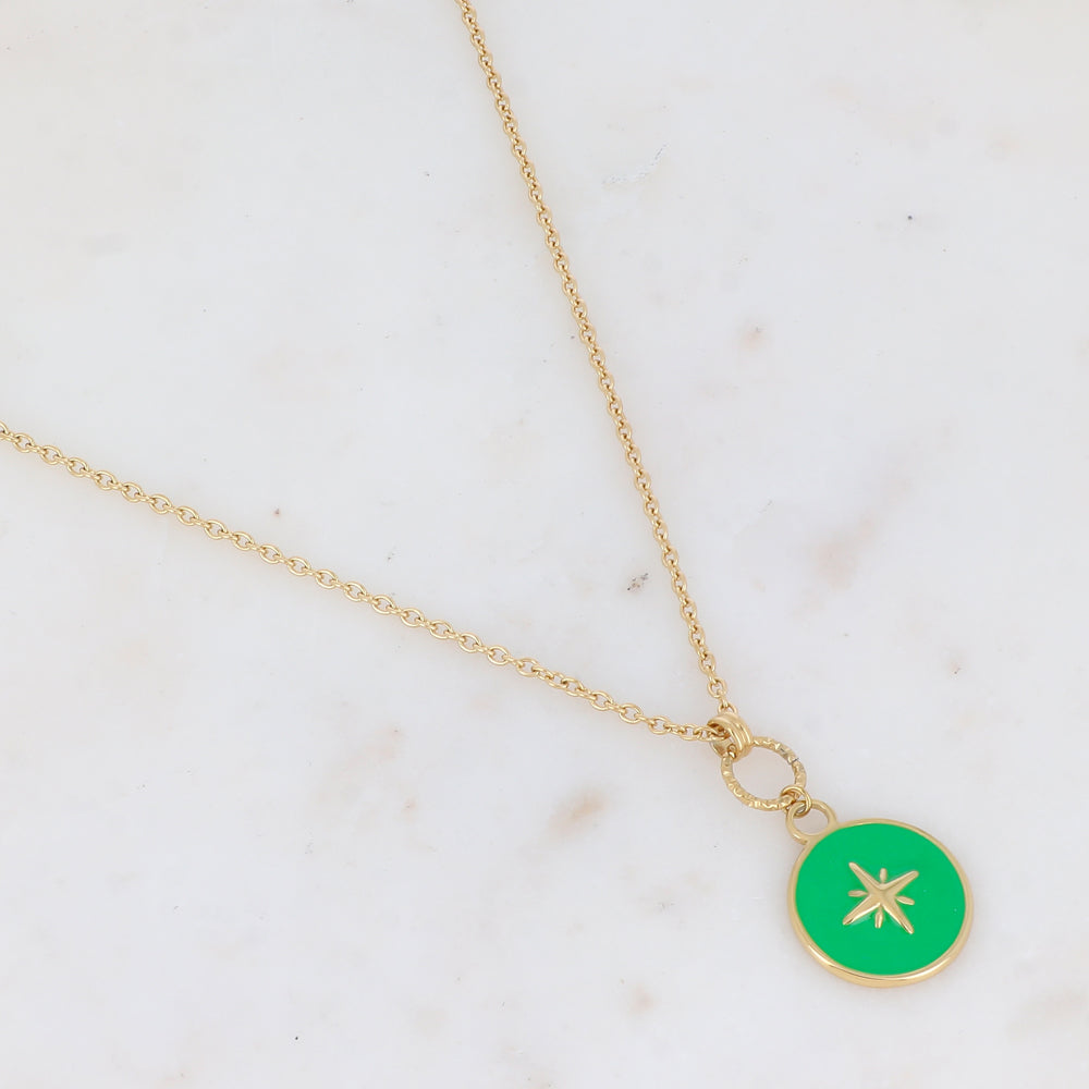 Sautoir avec pendentif rond émaillé et étoilé (60+5CM)