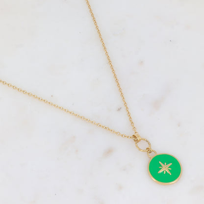 Sautoir avec pendentif rond émaillé et étoilé (60+5CM)