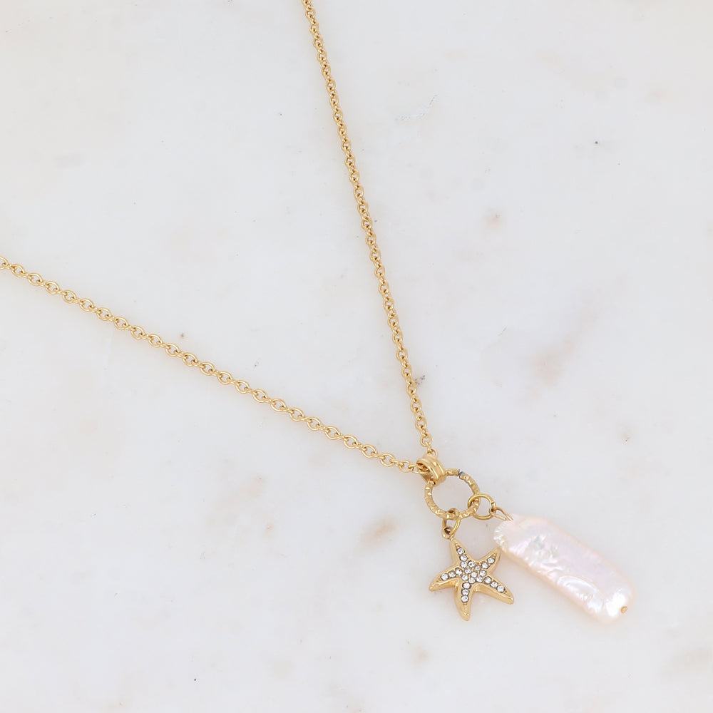 Sautoir avec pendentif étoile de mer strassé et perle d'eau douce (60+5CM