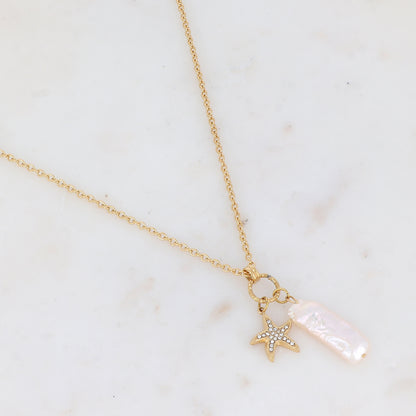 Sautoir avec pendentif étoile de mer strassé et perle d'eau douce (60+5CM