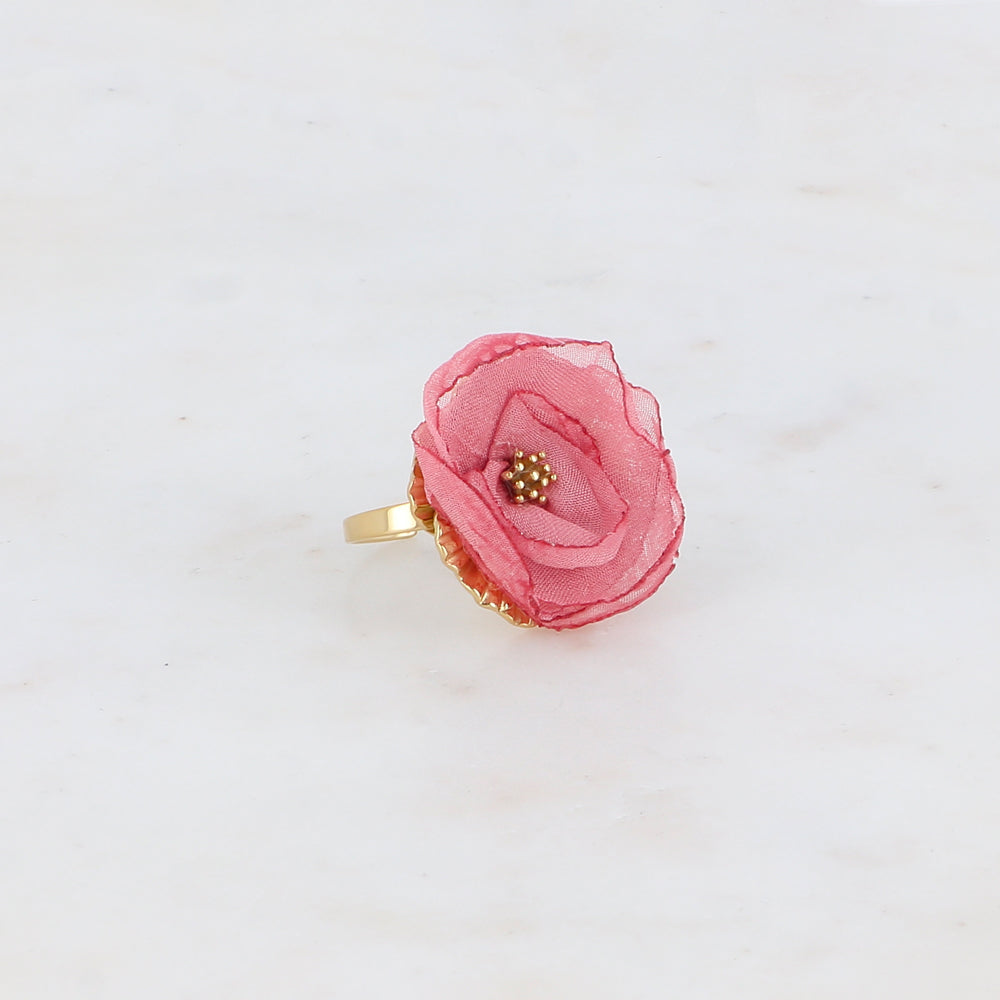 Bague avec fleur et tissu - Rose foncé