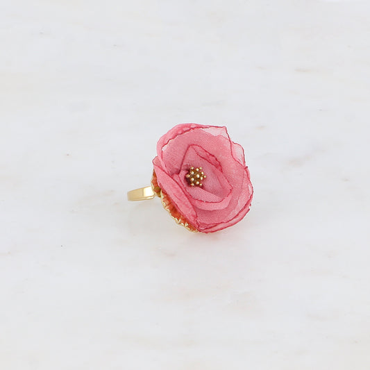Bague avec fleur et tissu - Rose foncé